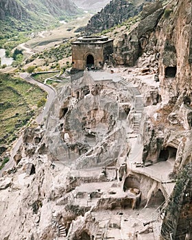 Vardzia Georgia ancient cave city in sum photo