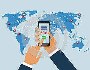 Processes transactions. the concept of money transfers around the world. vector illustration. hand of a man with a mobile phone wh photo