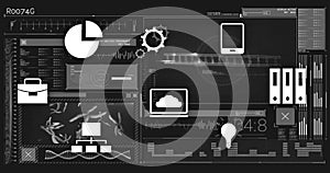 Processing data with digital interface elements over technological background