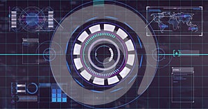 Processing futuristic data, digital interface with circular and grid elements image