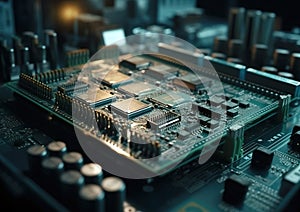 Processing power network: illustration of a circuit board with multiple CPUs.AI generated illustration.