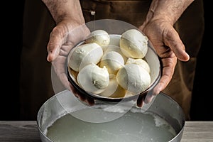 The processing Traditional Italian mozzarella, Cheesemaker, showing freshly made mozzarella