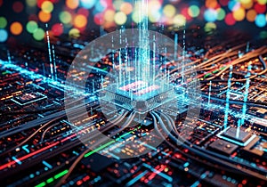 Processing unit (CPU) on a circuit board, highlighted by glowing neon