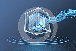 Processing unit in glowing cube, data flow and ai, quantum computing concept