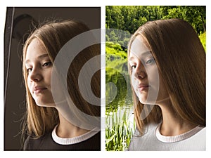 Before-after processing. Woman before and after retouch. compare portraits before and after replacing the background. Changing the