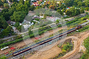 A procession of locomotives that runs on rails in Thailand