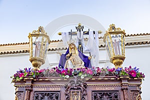 Procession of the Paso de Semana Santa Platform or Throne of Our Lady of Sorrows Nuestra SeÃÂ±ora de las Angustias, at the exit photo