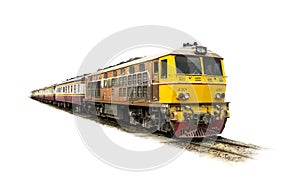 Procession yellow Train led by old diesel electric locomotive on the tracks photo