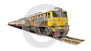 Procession yellow Train led by old diesel electric locomotive on the tracks photo