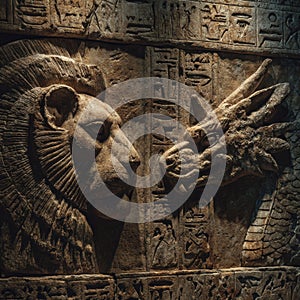 Egyptian-style ancient stone relief with figures and hieroglyphic rim, tan limestone panel with aged