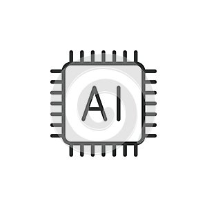 Processor AI, icon in line design. Processor, AI, technology, chip, circuit, data, hardware on white background vector