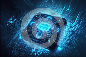 Processor of artificial intelligence, microchips and magic light inside computer, generative AI