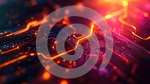 Processor board with glowing circuit lines and data flowing