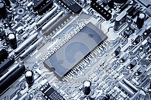 Processor board. Macro photo. Blue toned