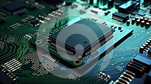 Processor chip on computer circuit board. AI Generated.