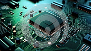 Processor chip on computer circuit board. AI Generated.