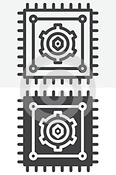 Processor chip line and solid vector icon set