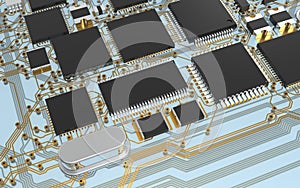 Processor chip on a printed circuit board in red backlight