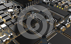 processor chip on a printed circuit board in red backlight