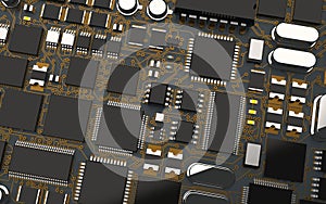 processor chip on a printed circuit board in red backlight