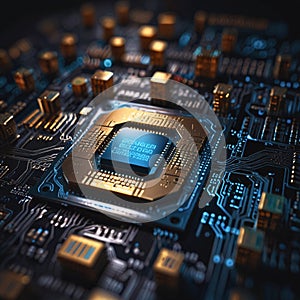 Electronic processor on blockchain circuit board in tech environment. Generative AI