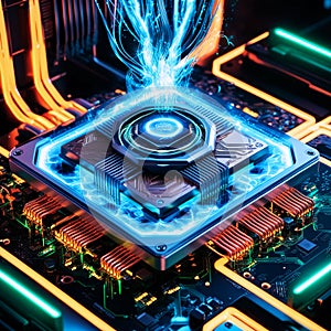 Processor chip, tech environment, blockchain concept.