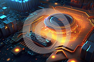 Processor on circuit board, CPU chip with magic light inside computer, generative AI