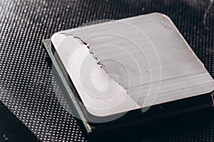 The processor of the computer with the thermal paste applied on it. Details of the computer`s system unit