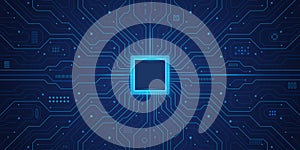 Processor CPU with glowing neon frame on circuit board. Digital AI chip tech semiconductor pattern. Big data backdrop. Technology