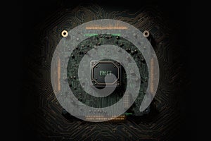 Processor CPU or GPU microchip on dark mother board