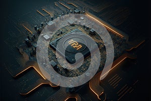 Processor CPU or GPU microchip on dark mother board