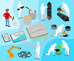 Processor or CPU, manufacturing process illustration. Technology, innovation, artificial intelligence and robotics, vector