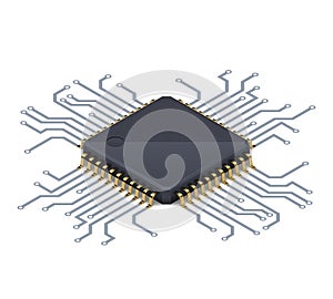 Processor or electronic chip on circuit board with conductive tracks and soft realistic shadow. Isometric vector