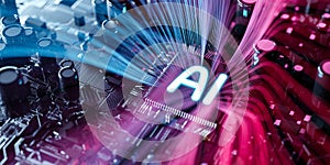 Processor with a glowing AI neon lines logo - artificial intelligence on a circuit board - The future of computer technology