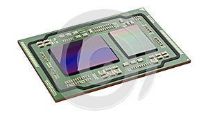 Processor green board isolated on a white background. Motherboard chip cpu and gpu