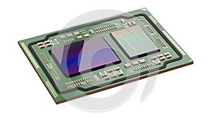 Processor green board isolated on a white background. Motherboard chip cpu and gpu photo