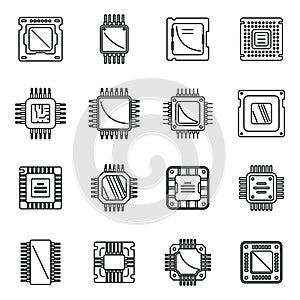 Processor icons set outline vector. Central computer card