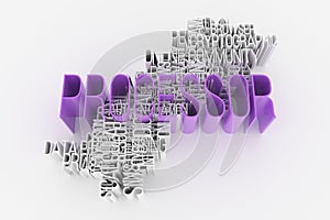 Processor, ICT, information technology keyword words cloud. For web page, graphic design, texture or background. 3D rendering.