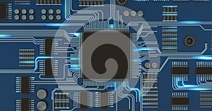 Processor or microchip and electronic signals on motherboard circuit.