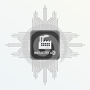 Processor with text Industry 4.0 on the gray background. Vector illustration.