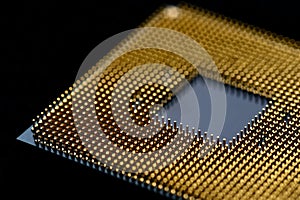 Processor to the computer. Concept for technology and computing. Detail of connectors. CPU Chip Processor for tech science