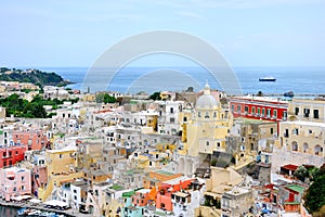 Procida island buildings view in Naples Gulf