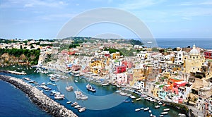 Procida island panoramic view in Naples Gulf