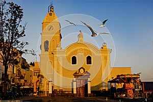 The church in Procida, Italy, is surrounded by seagulls in the early morning. photo
