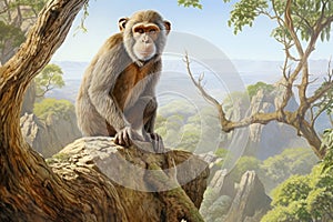 Proconsul prehistoric primate in its natural, lush, and forested environment. Fossil Evolution ancestor of Homo sapiens