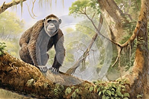Proconsul prehistoric primate in its natural, lush, and forested environment. Fossil Evolution ancestor of Homo sapiens photo
