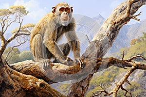 Proconsul prehistoric primate in its natural, lush, and forested environment. Fossil Evolution ancestor of Homo sapiens photo