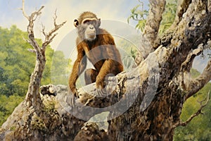 Proconsul prehistoric primate in its natural, lush, and forested environment. Fossil Evolution ancestor of Homo sapiens photo
