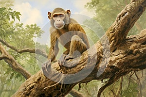 Proconsul prehistoric primate in its natural, lush, and forested environment. Fossil Evolution ancestor of Homo sapiens photo