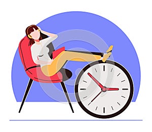 Procrastinating woman sitting in the office with her legs up on an alarm watch. Procrastination and laziness concept